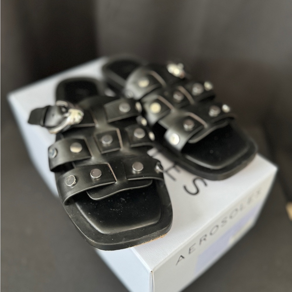 AEROSOLES Black Studded Leather Slide Sandals